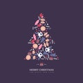 Christmas tree with doodles style hand drawn winter elements. Dark background with greeting text, vector illustration. Royalty Free Stock Photo