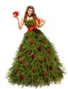 Christmas Tree Dress, Fashion Woman with Present Gifts, White