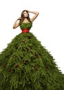 Christmas Tree Dress, Woman Posing Xmas Fashion Model Gown Royalty Free Stock Photo