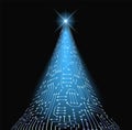 Christmas tree from electronic circuit with glowing star and sparkle lamps. Digital New Year card