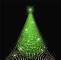 Christmas tree from electronic circuit with glowing star and sparkle lamps. Digital New Year card