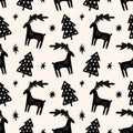 Christmas tree elm and deer simple scandi seamless pattern design. Graphic trees shapes, minimal Noel decor. Royalty Free Stock Photo