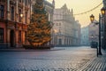 Christmas tree in empty old city at quiet morning, while all people sleeping at home