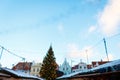 Christmas tree and facades of historical buildings in the Town Hall Square in Tallinn