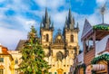 Christmas tree and fairy tale Church of our Lady Tyn in Prague, Czech Republic Royalty Free Stock Photo