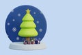 Christmas tree with falling snow and gifts on a stand, 3d render Royalty Free Stock Photo