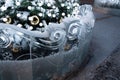 Christmas tree fence made of ice with patterns. Royalty Free Stock Photo
