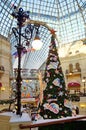 Christmas tree in the festive interior of Gum, Moscow, Russia Royalty Free Stock Photo