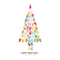 Christmas tree with finger print, hand, foot print. Happy new year greeting card