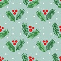 Christmas tree fir branches and berries winter seamless pattern Royalty Free Stock Photo