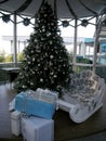 Multicolored boxes with Christmas gifts by the decorated tree