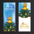 Christmas tree with fir, pine, spruce leaves garland decoration, golden holly bell, star accessories with blue bokeh background