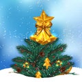 Christmas tree fir spruce leaves garland decoration with pine cone, gold star, bell, and ribbon accessories on the snow with sky Royalty Free Stock Photo