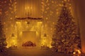 Christmas Tree and Fireplace, Decorated Xmas Home Room, Holiday Royalty Free Stock Photo