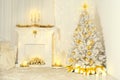 Christmas Tree and Fireplace, Gold Color Decorated Room Interior