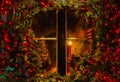 Christmas tree and fireplace seen through a wooden cabin window