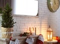 Christmas tree and fireplace with stockings. Idea for stylish interior design Royalty Free Stock Photo