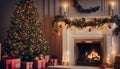 A Christmas tree and fireplace with stockings and presents underneath Royalty Free Stock Photo