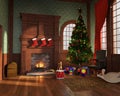 Christmas Tree, Fireplace, Toys, Background Royalty Free Stock Photo