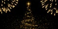 Christmas tree, firework, black background. Gold Christmas tree symbol of Happy New Year, Merry Christmas holiday Royalty Free Stock Photo
