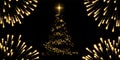 Christmas tree, firework, black background. Gold Christmas tree symbol of Happy New Year, Merry Christmas holiday Royalty Free Stock Photo