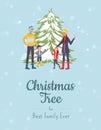 Christmas tree flat banner vector template. Smiling parents and kids, family in warm clothes cartoon characters