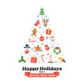 Christmas tree of flat seasonal pictograms with Happy Holidays inscription
