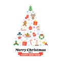 Christmas tree of flat seasonal pictograms with Merry Christmas inscription