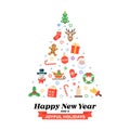 Christmas tree of flat seasonal pictograms with New Year inscription