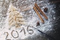 Christmas tree with flour on the wooden table Royalty Free Stock Photo