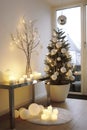 Christmas tree in flower tub with white Xmas balls, glass door, metallic table, candles in home hall