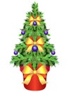 Christmas tree in a flowerpot. A small evergreen tree in a flower pot decorated with Christmas balls and ribbons. Live Christmas t