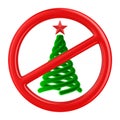 Christmas tree and forbidden sign on white background. Isolated 3D illustration