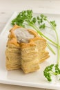 Christmas tree formed vol-au-vent filled with mushroom ragout