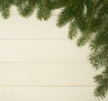 Christmas tree framework branches on wooden background with copy space. Horizontal template for design