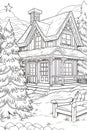 Christmas tree in front of the house. Black and white coloring sheet. Xmas tree as a symbol of Christmas of the birth of the