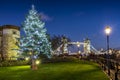 Christmas tree in front of the iconic Tower Bridge in London Royalty Free Stock Photo