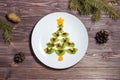 Christmas tree fruit salad, creative funny Christmas food idea. Royalty Free Stock Photo