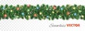 Christmas tree garland isolated on white. Realistic pine tree branches with Christmas lights decoration. Royalty Free Stock Photo