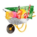 Christmas tree and geometric glass decorations in a garden wheelbarrow watercolor illustration