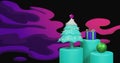 Christmas tree, gift and baubles on blue podium over purple swirl on black background