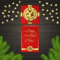 Christmas tree, gift box, garland, gold ribbon bow Royalty Free Stock Photo