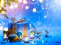 Christmas tree, Christmas gift box and holidays ornament; Christmas invitation card background Royalty Free Stock Photo