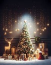 Christmas tree, gift boxes and decorative lights Royalty Free Stock Photo