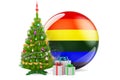 Christmas tree and gift boxes with LGBTQ rainbow flag, 3D rendering