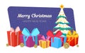 Christmas tree and gift boxes. Merry Xmas and happy New Year greeting card. Vector horizontal Illustration. Royalty Free Stock Photo