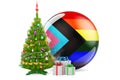 Christmas tree and gift boxes with modern pride flag LGBTQ. 3D rendering