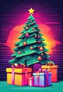 Christmas tree with gift boxes. Retro illustration in neon colors with glitch effect.