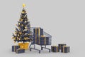 Christmas tree, gift boxes and shopping cart. 3D rendering Royalty Free Stock Photo