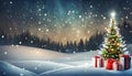Christmas Tree And Gift Boxes On Snow In Night With Shiny Star and Forest - Winter Abstract Landscape Royalty Free Stock Photo
